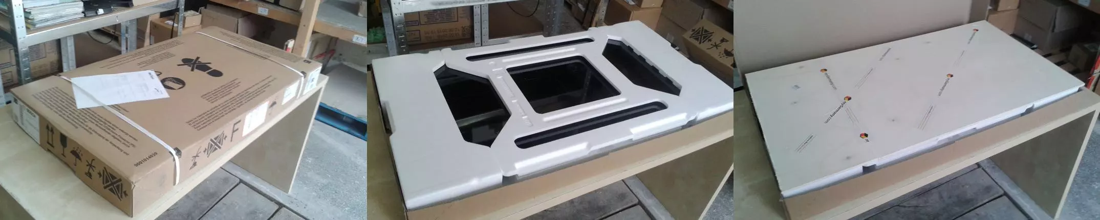 Flach verpackter Karton auf einem Tisch mit Schutzschaumstoff und Montageanleitung