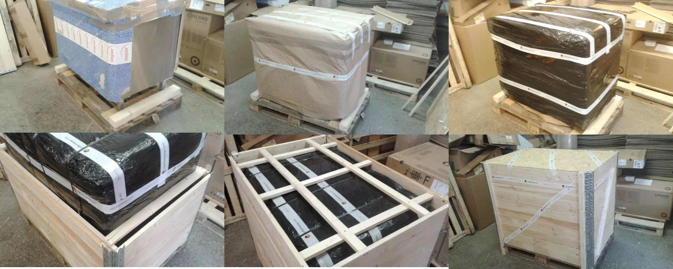 verschiedene Artikel sicher verpackt und auf Holzpaletten in Kisten für den Versand verladen